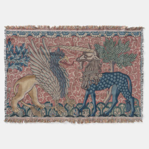 Medieval Griffin & Unicorn Tapestry Throw Blanket