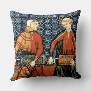 Medieval Hurdy Gurdy players on blue pillow
