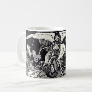 Medieval Knight and Dragon Black and White Coffee Mug