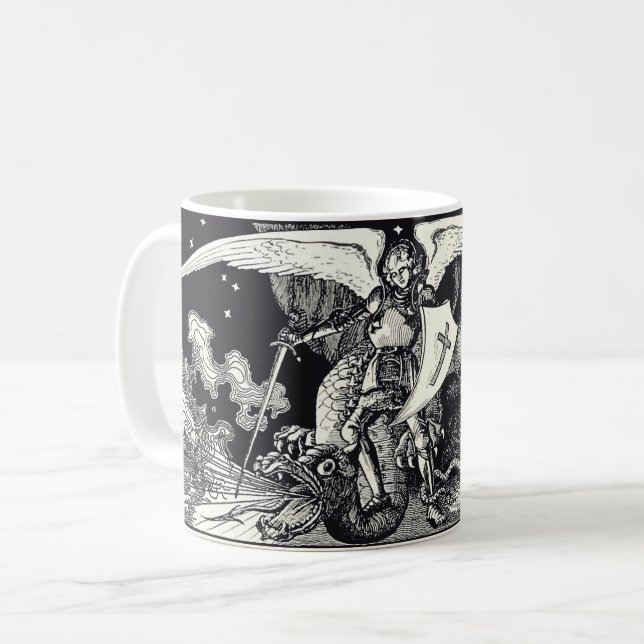 Medieval Knight and Dragon Black and White Coffee Mug (Front Left)