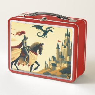 Medieval Knight/dragon/castle fantsy Metal Lunch Box