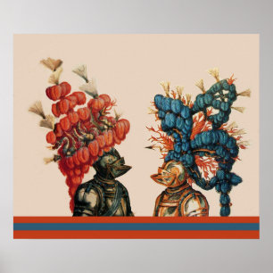 MEDIEVAL KNIGHT HELMETS WITH RED FEATHERS DRAGONS POSTER