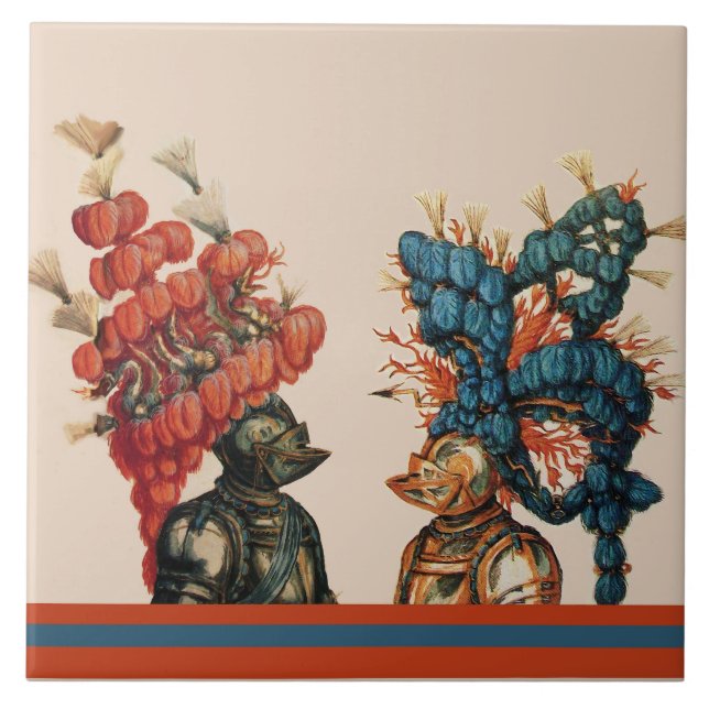 MEDIEVAL KNIGHT HELMETS WITH RED FEATHERS DRAGONS  TILE (Front)