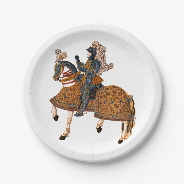 Medieval Knight in Armor on horse back Paper Plate (Front)