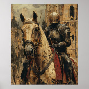 Medieval Knight Riding Horse Illustration Poster