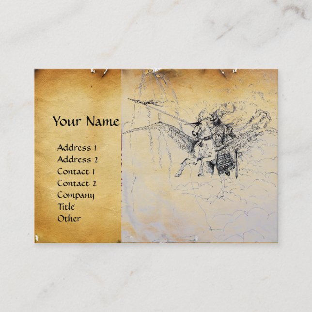 MEDIEVAL KNIGHT RIDING ON PEGASUS Parchment Business Card (Front)