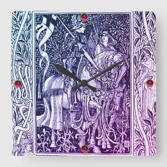 MEDIEVAL LEGENDS Lady And Knight Horseback Floral Square Wall Clock (Front)