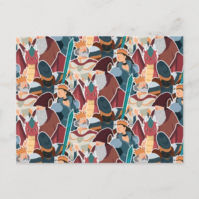Medieval Pattern Knights & Dragons Cute Summer Postcard (Front)