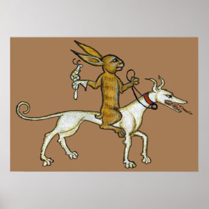 Medieval Rabbit Riding Dog and Holding Snail Poster