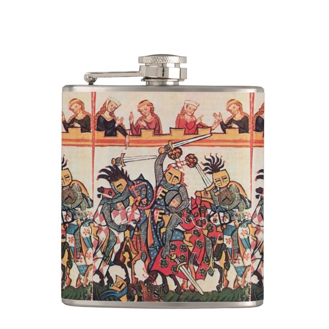 MEDIEVAL TOURNAMENT, FIGHTING KNIGHTS AND DAMSELS HIP FLASK (Front)