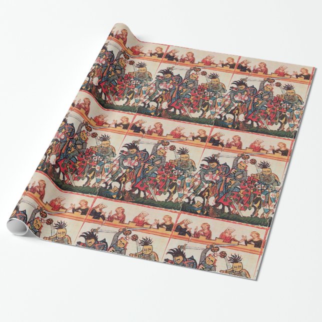 MEDIEVAL TOURNAMENT FIGHTING KNIGHTS AND DAMSELS WRAPPING PAPER (Unrolled)