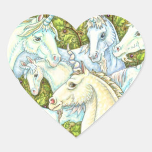 MEDIEVAL UNICORN HERD, HORSES, STALLION Fantasy Heart Sticker