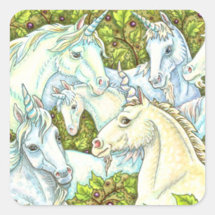 MEDIEVAL UNICORN HERD, HORSES, STALLION Fantasy Square Sticker