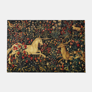 Medieval Unicorn Midnight Floral Garden Doormat