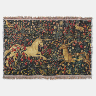 Medieval Unicorn Midnight Floral Garden Throw Blanket