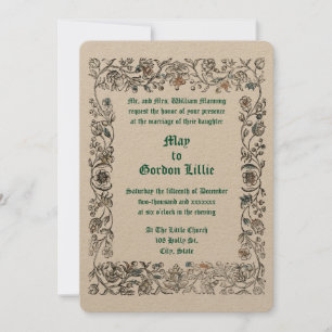 Medieval Woodblock Style Floral Border Wedding Invitation