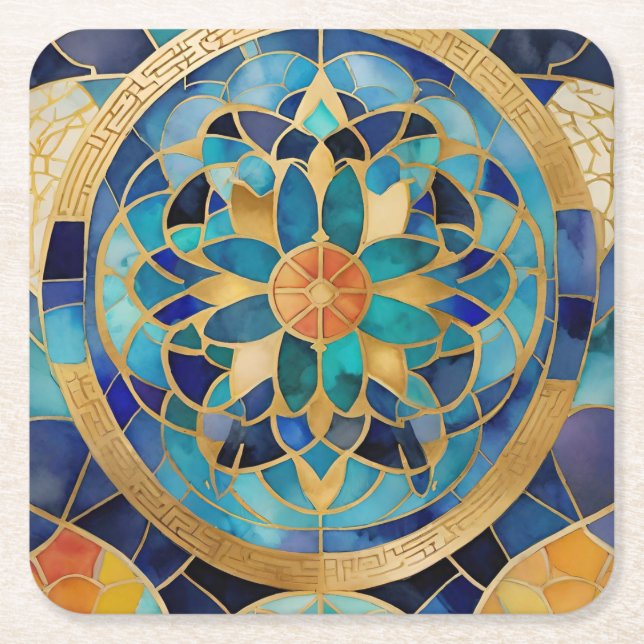 "Medina Maze: Moroccan-Inspired Geometric Design f Square Paper Coaster (Front)
