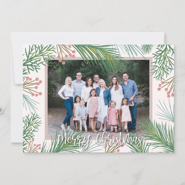 Medina - Pink, Pines Berries Holiday Card (Front)