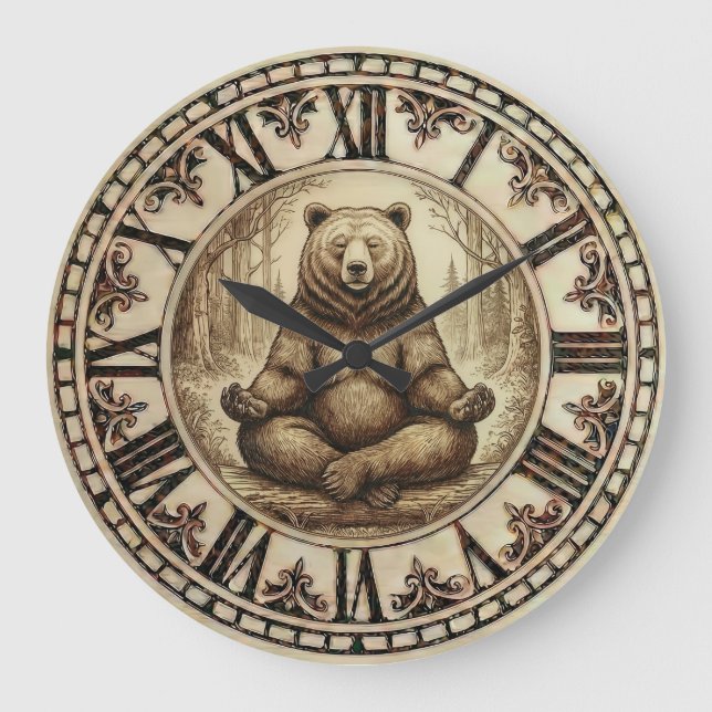 Meditating Bear Wall Clock – Wood-Burned style  (Front)