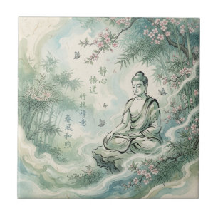 Meditating Buddha Bamboo Ink Art Tile