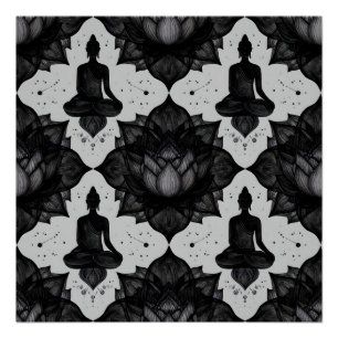 Meditating Buddha Black Lotus Zen Pattern Poster