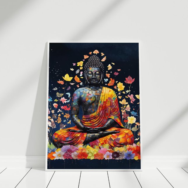 Meditating Buddha with Colourful Wildflowers Poster (Meditating Buddha with Colorful Wildflowers Poster in white frame against white wall.)