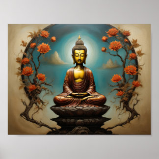 Meditating Gautama Buddha with flowers tree Poster