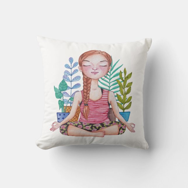 Meditating Girl With Plants Cushion (Front)