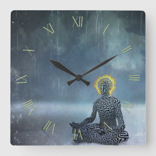 Meditating man. Flaming halo Square Wall Clock