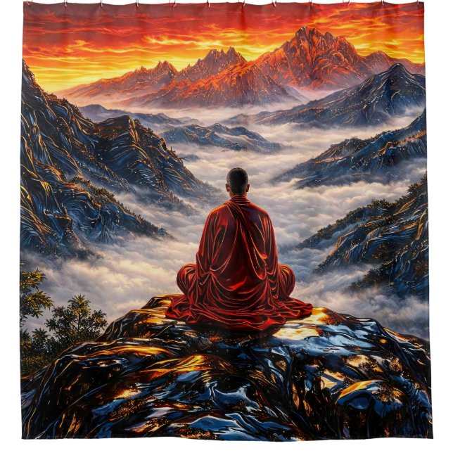 Meditating Monk in Mountain Sunset Shower Curtain (Front)
