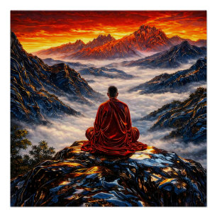 Meditating Monk on Mountain at Sunset Poster