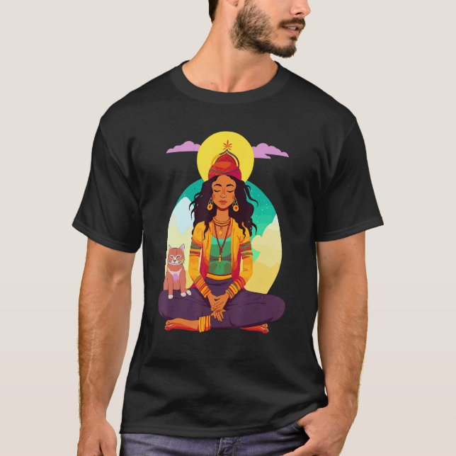 Meditating Rasta Girl with Cat T-Shirt (Front)