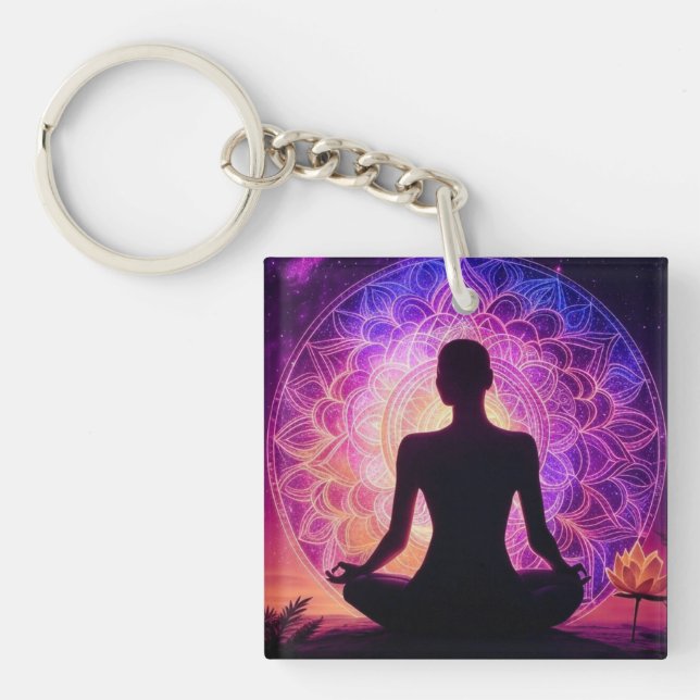 Meditating Silhouette Keychain - Spiritual Mandala (Front)