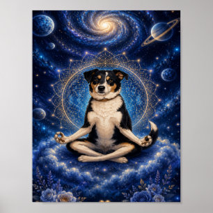 Meditating Tricolor Dog Cosmic Zen Yoga Mandala Po Poster