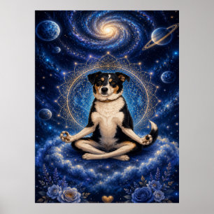 Meditating Tricolor Dog Cosmic Zen Yoga Mandala Po Poster