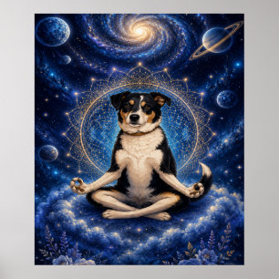 Meditating Tricolor Dog Cosmic Zen Yoga Mandala Po Poster