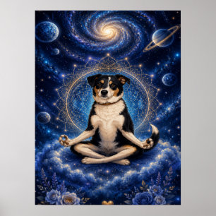 Meditating Tricolor Dog Cosmic Zen Yoga Mandala Po Poster
