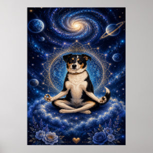 Meditating Tricolor Dog Cosmic Zen Yoga Mandala Po Poster