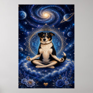 Meditating Tricolor Dog Cosmic Zen Yoga Mandala Po Poster