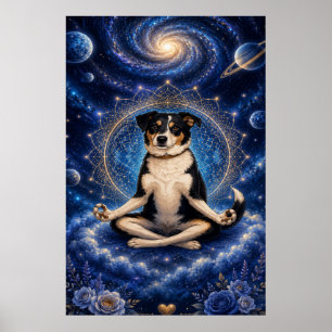 Meditating Tricolor Dog Cosmic Zen Yoga Mandala Po Poster