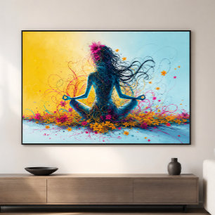 Meditating Woman Lotus Yoga Pose Colourful Flowers Canvas Print