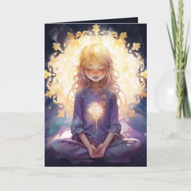 Meditating Yoga Crystal Lavender Gold Birthday Card (Front)