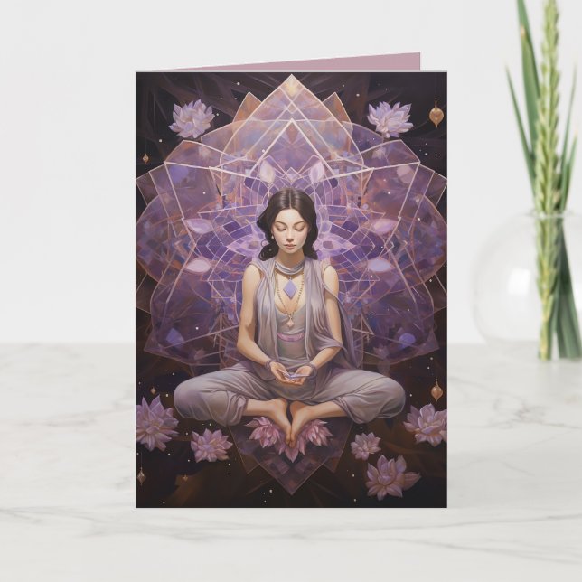 Meditating Yoga Crystals Amethyst Lotus Birthday Card (Front)