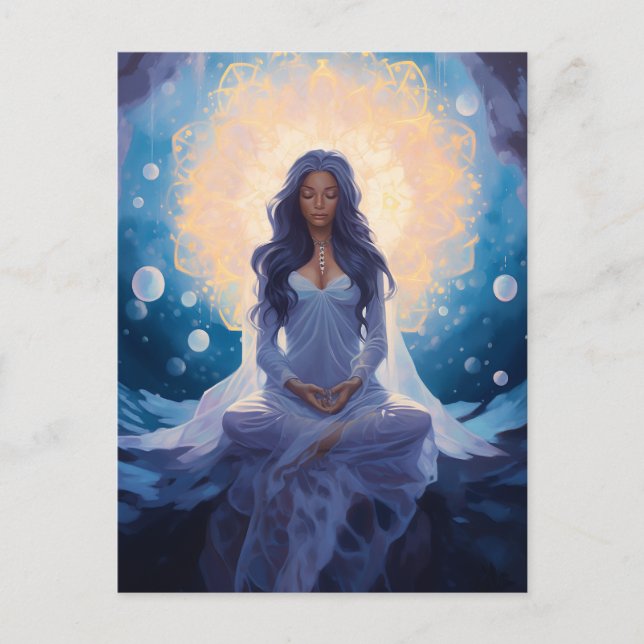 Meditating Yoga Girl, Crystals Dreamy Blue Gold Postcard (Front)
