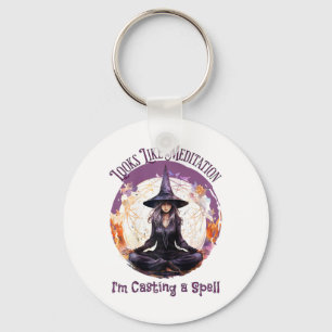 Meditating Yoga Witch Casting A Spell, Halloween Key Ring