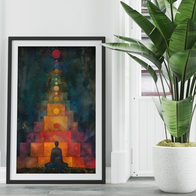Meditating Yogi Before Chakra Coloured Stairs Pain Poster (Meditating Yogi Before Chakra Colored Stairs Paint Poster in front of a white wall next to a plant.)