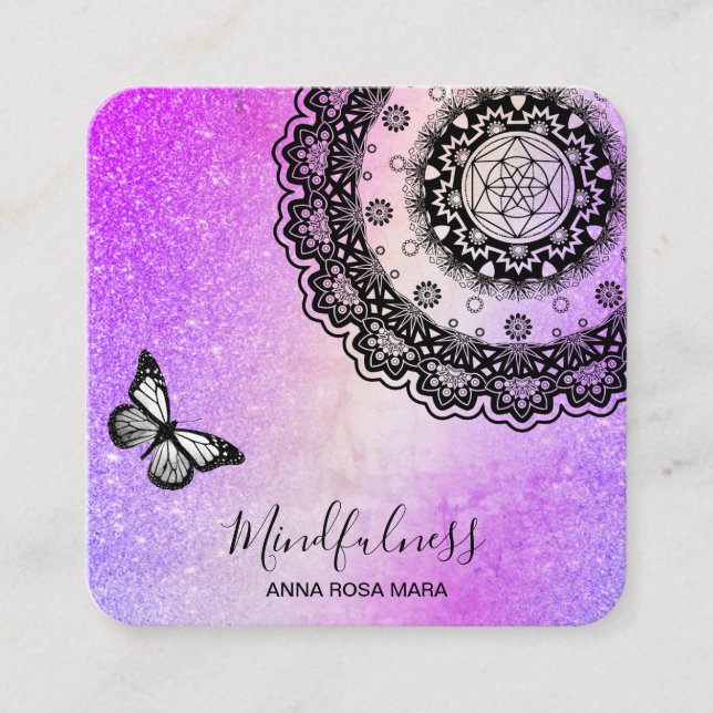 *~* Meditation Mandala Reiki Yoga . Butterfly Square Business Card (Front)