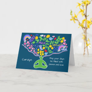 Meditation on peace, love, happiness. Personalised Card