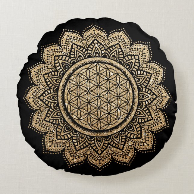Meditation Pillow Flower of life Mandala Gold (Front)