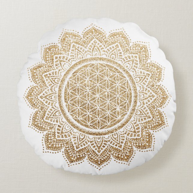 Meditation Pillow Flower of life Mandala Gold (Front)